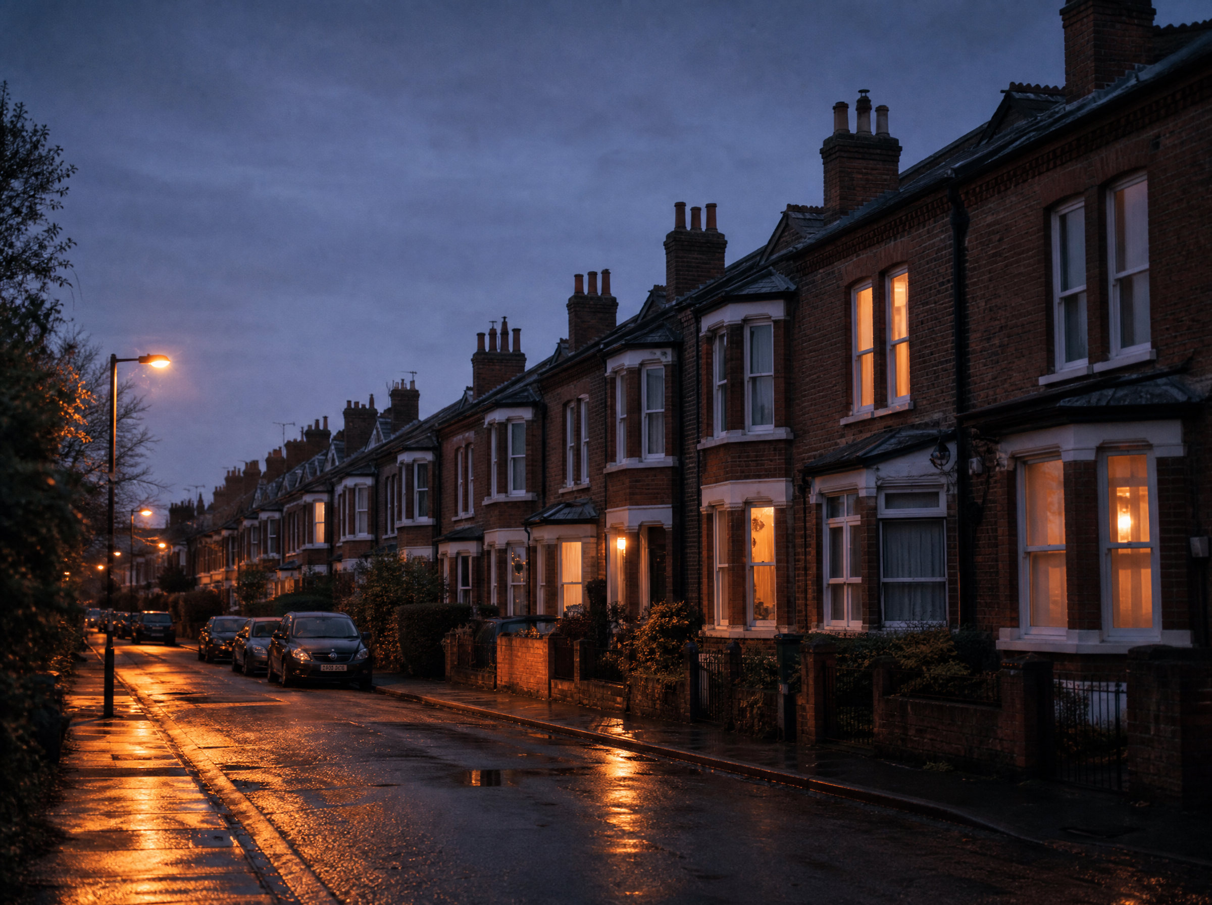 A quiet row of terraced houses at dusk with lights on in the windows
